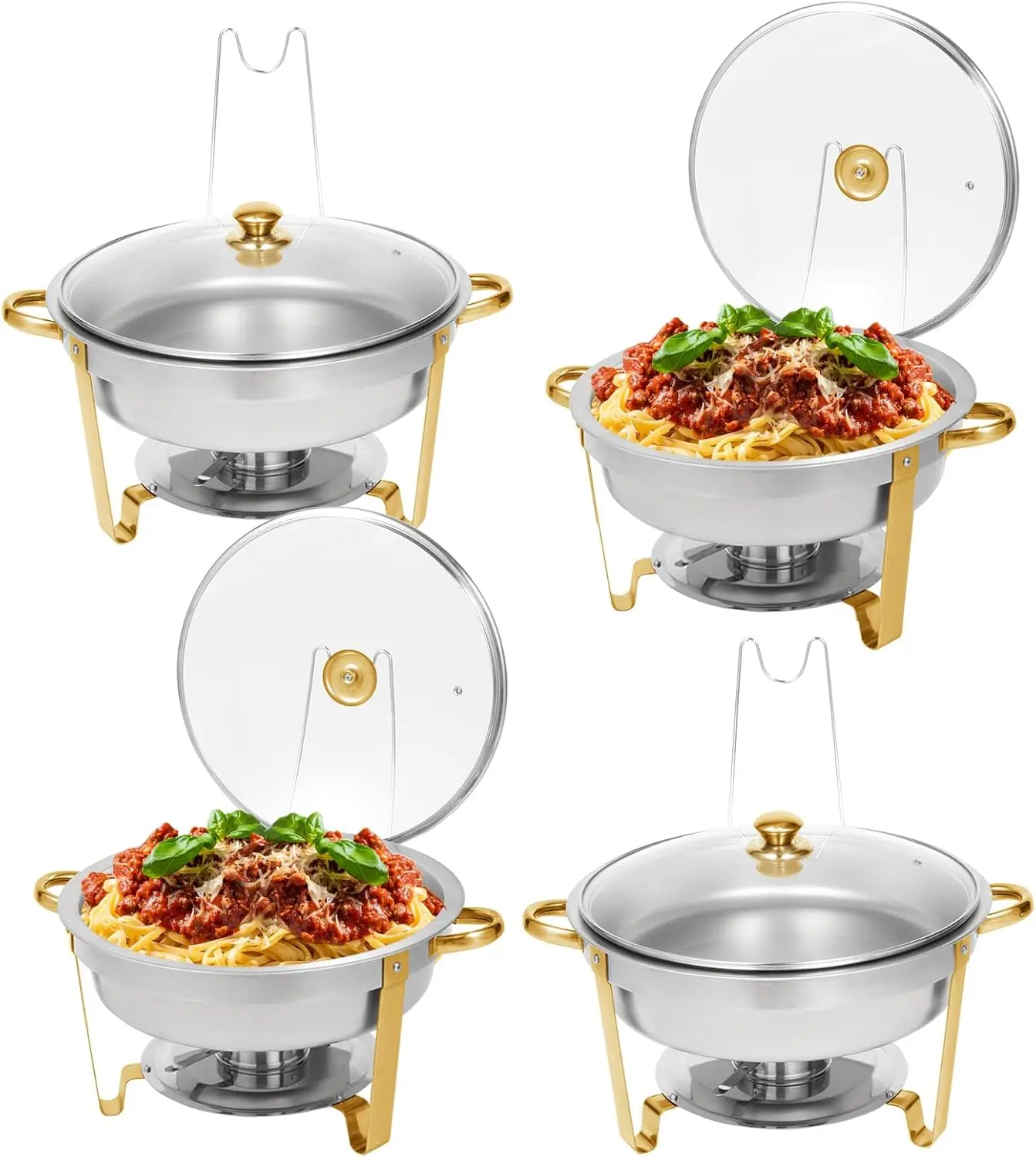 Restlrious Chafing Dish Buffet Set 4 Pack, 7.5 Qt Stainless Steel Round Chafers And Buffet Warmers Set With Glass Viewing Lid