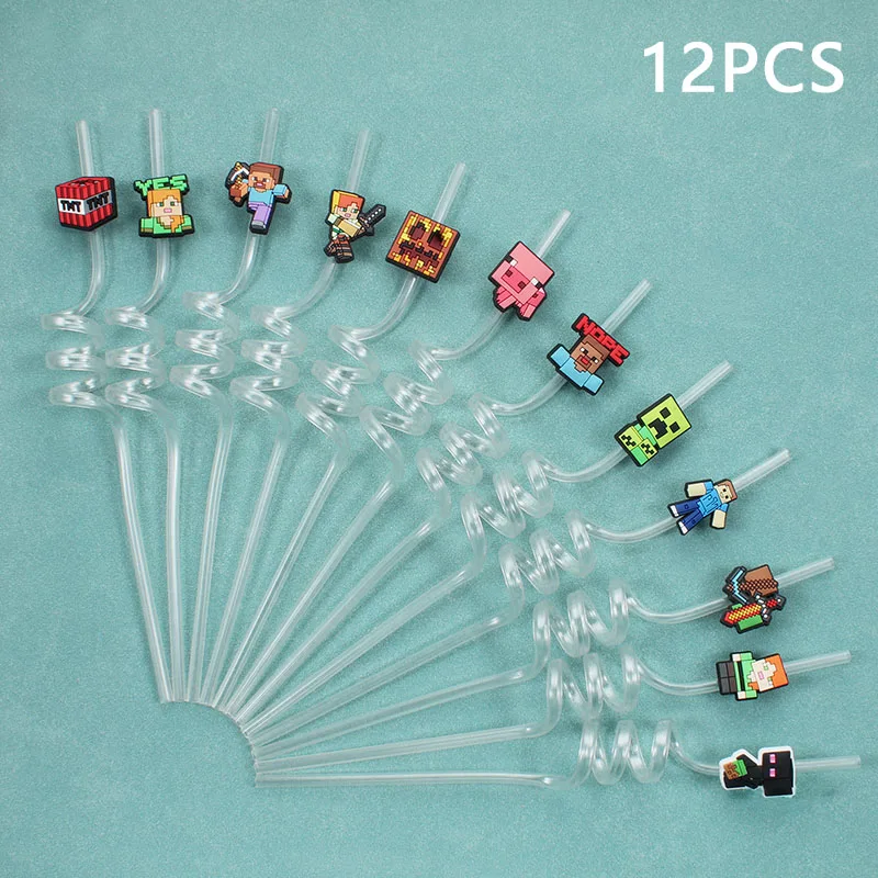 12 Stuks Pixel Miner Game Herbruikbare Rietjes Game-Thema Pixel Stijl Rietjes Voor Verjaardagsfeestje Decoraties En Geschenken