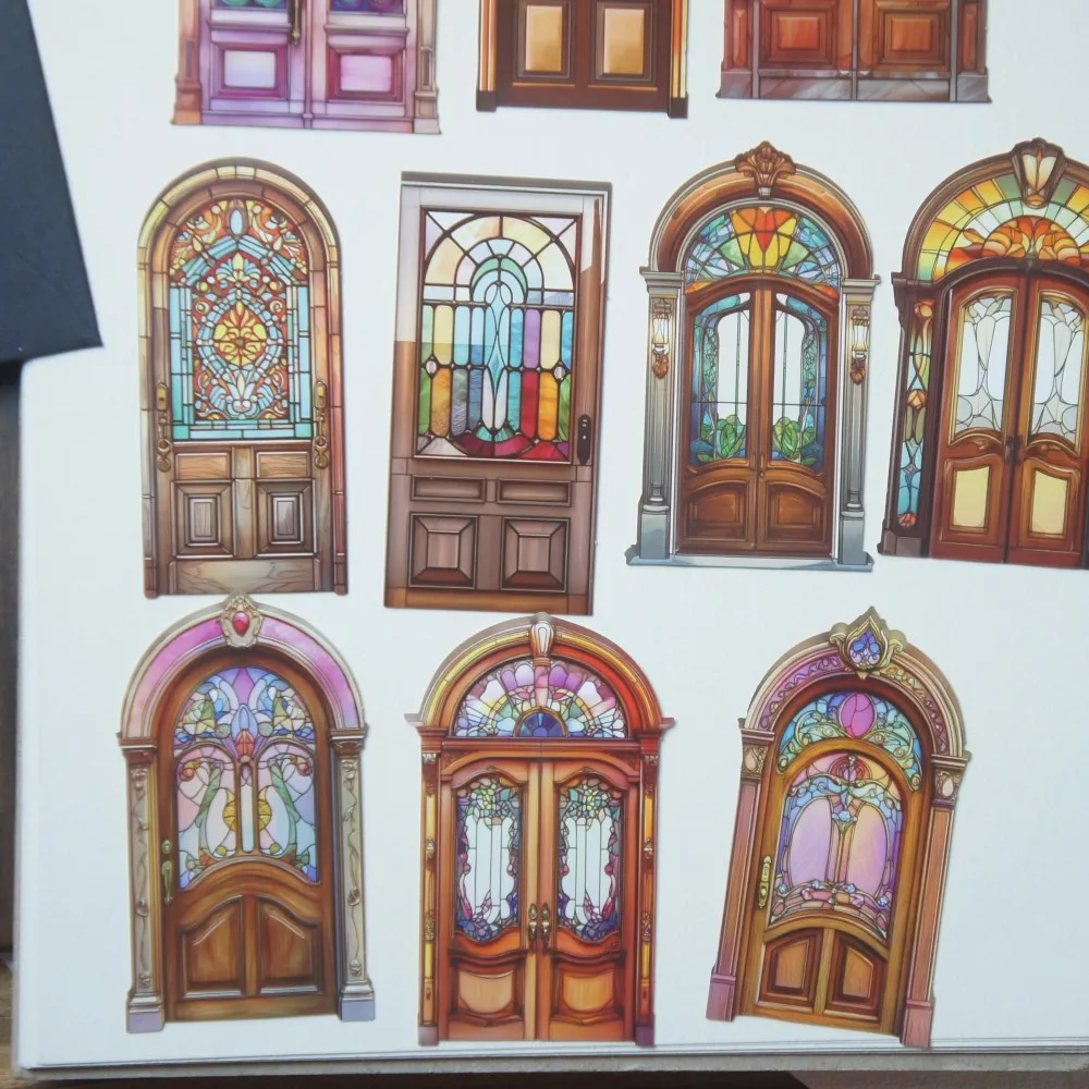 

10 Pcs Wooden Door Inlaid with Colored Glass Style Hard Paper Sticker Scrapbooking DIY Gift Decoration Tag