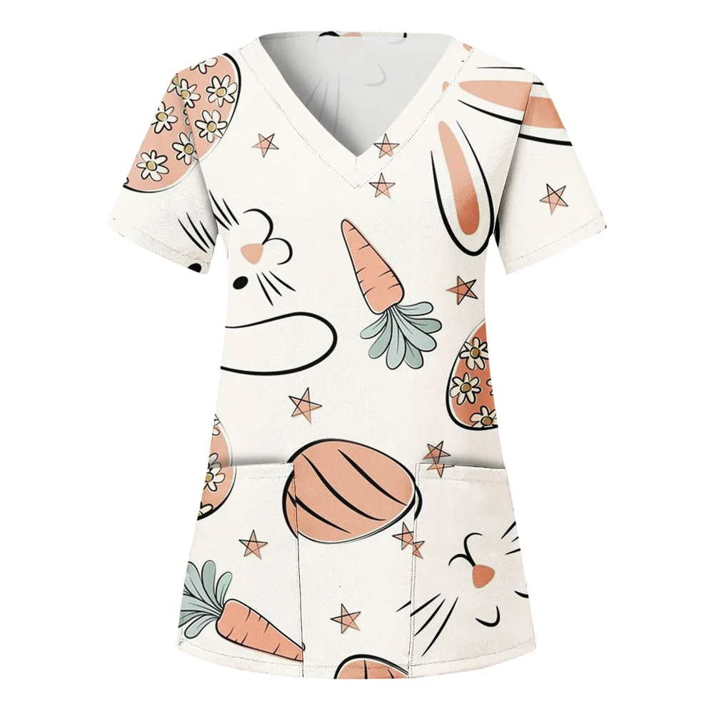 Clinical Uniform Woman Cute Bunny Print Summer Women's Medical Scrub V Neck Short Sleeve Top Dental Veterinary Medical Uniforms