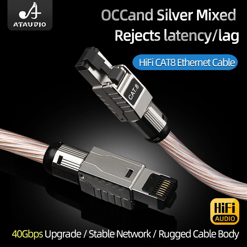 ATAUDIO HiFi Copper Silver Braided Cat8 High Speed Ethernet Cable 40Gbps 2000MHz Upgrade for HiFi Audio Router Computer