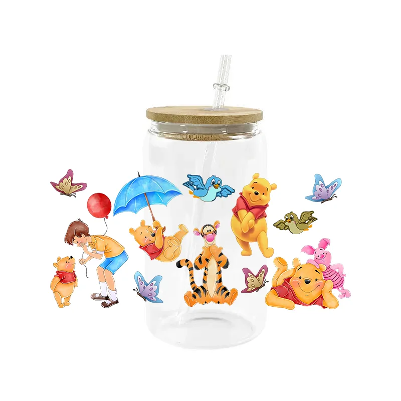 Miniso Pooh Met Vriend Uv Dtf Transfer Sticker Waterdichte Transfers Stickers Voor 16Oz Glazen Beker 3d Cartoon Diy Wrap Stickers