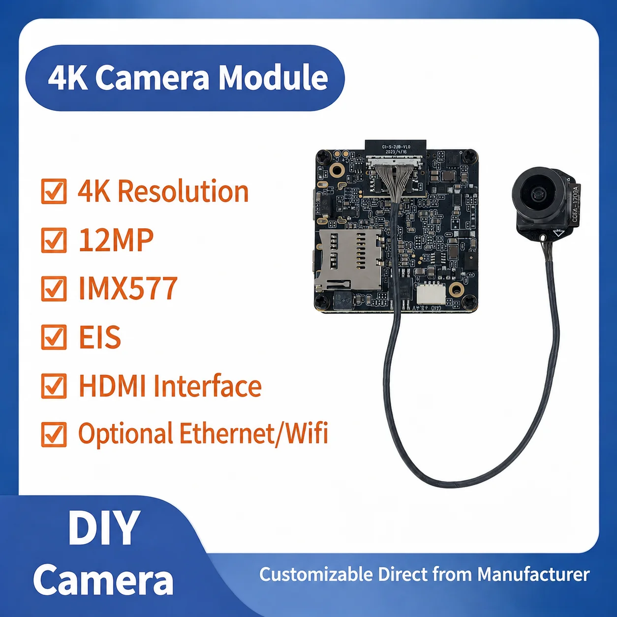 Module de caméra IMX577 4K 30FPS 12MP 1/2.3 " WiFi Ethernet avec EIS, caméra portable DIY avec câble HDMI de 16 cm (non destinée à la surveillance)