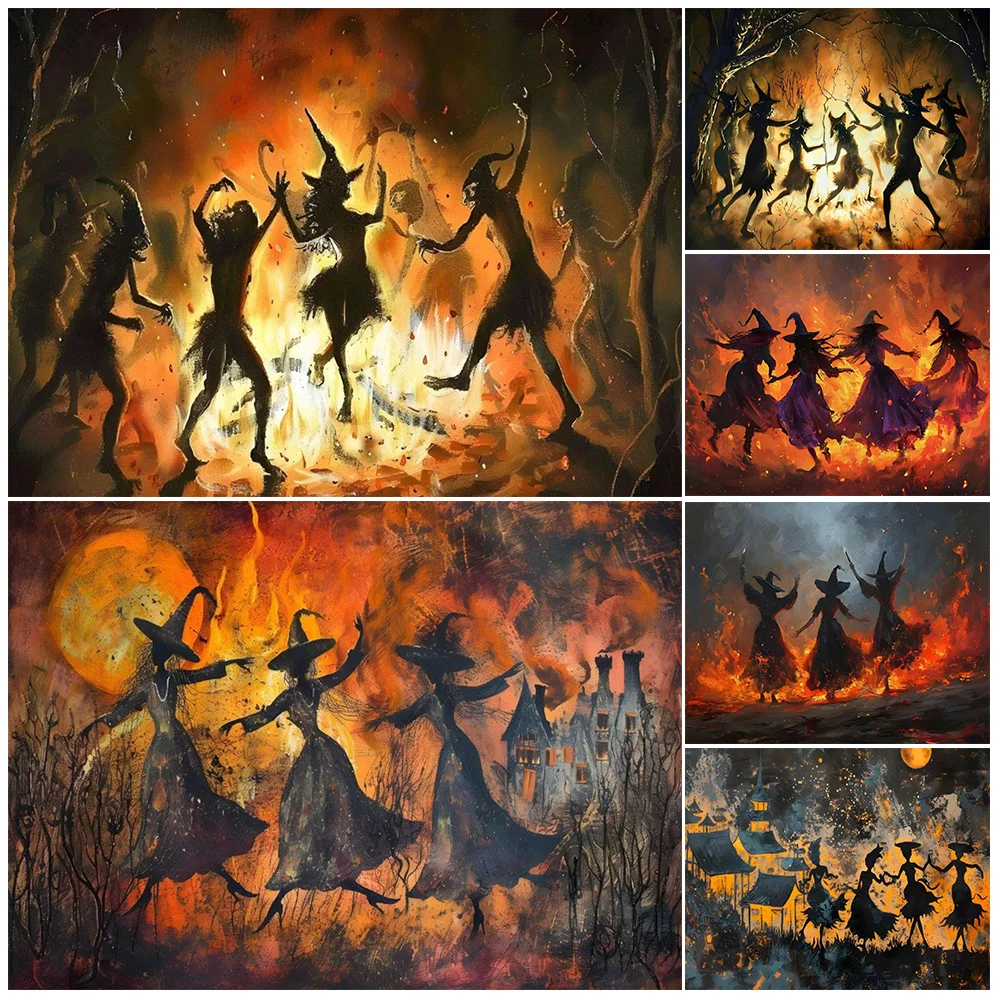 Hexen Sabbat, abstrakte Wand kunst Leinwand Malerei, Hexen Ritual Tanz und dunkle Lagerfeuer Magie, Kunst Poster Druck, Heim textilien