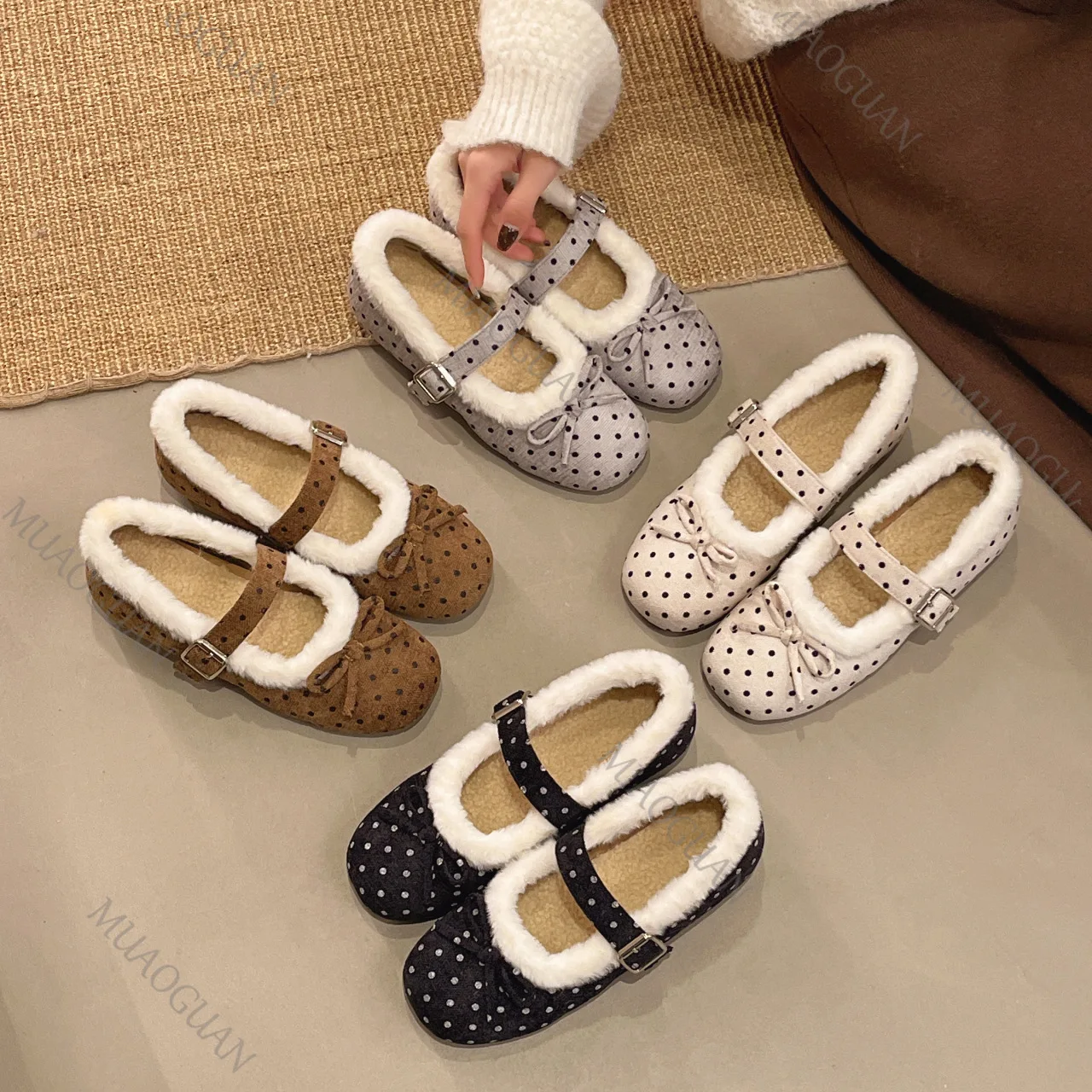 Elegant Polka Dot Plush Ballet Flats Winter Warm Women Retro Buckles Straps Lightweight Mary Jane Shoes Soft Sole Cotton Loafers - view 2