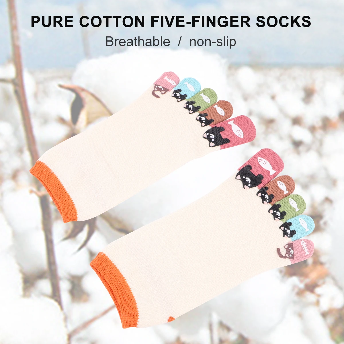 

Cat Print Five Toes Socks Separating Breathable Cotton Women Lovely Design Tube Style Thin SOCKS Daily Wear Gift Idea