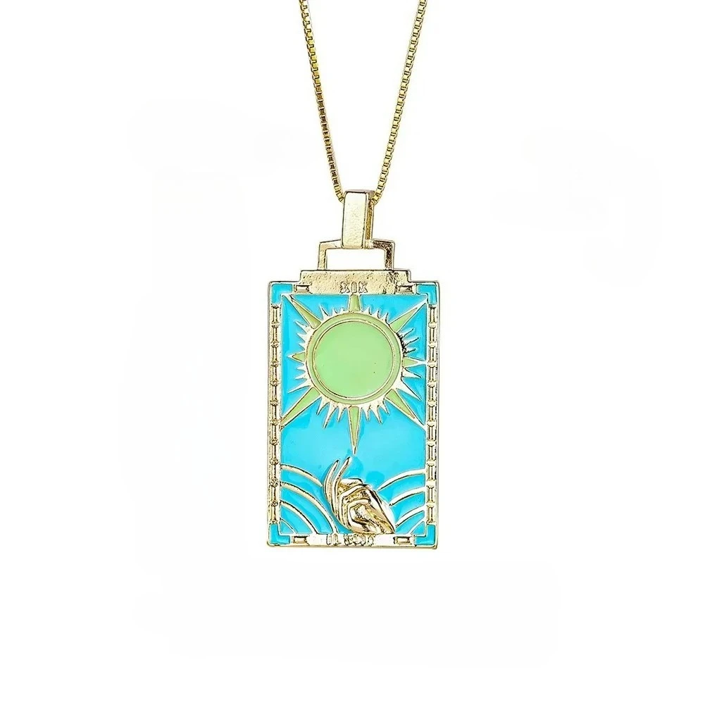Dripping Oil Tarot Cards Pendants Rectangle Hand of The Sun Painting Creativity Design Fashion Necklace Retro Versatile Jewelry