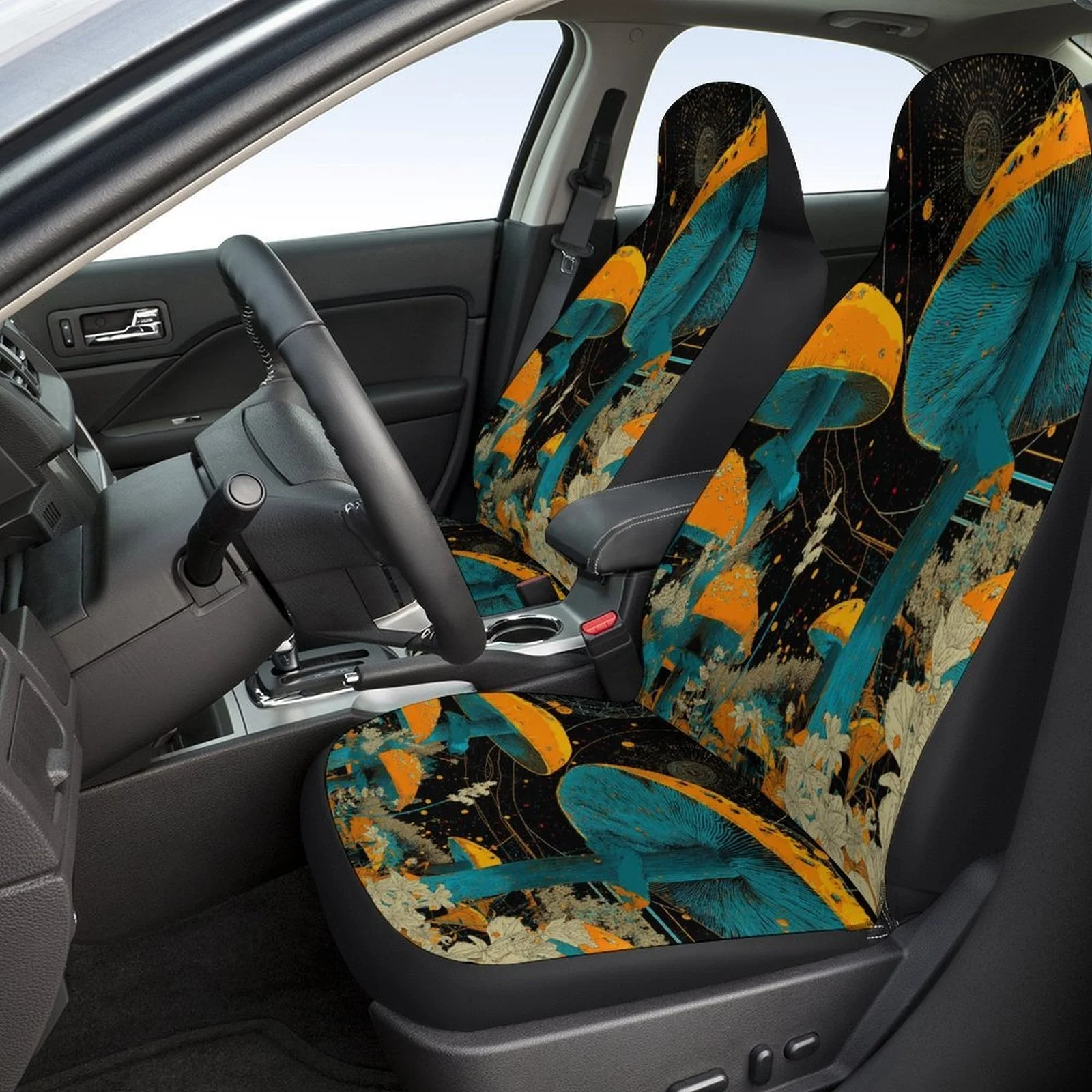Mushroom Forest Glow Themed Car Seat Cover Set For Most Cars, Trendy Novelty Car Seat Protector Covers Full Set, Universal Car S 2