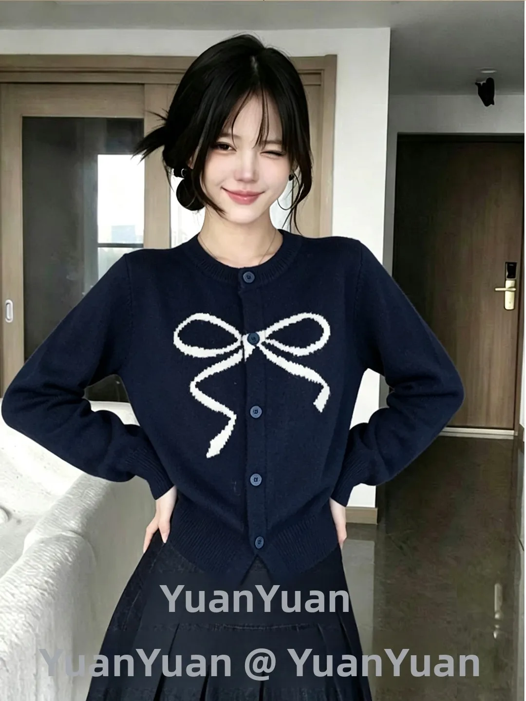 Sweet Style  Knot Print Knitted Open Cardigan Women's Long Sleeve Single Button Blue Casual Versatile Sweater Top