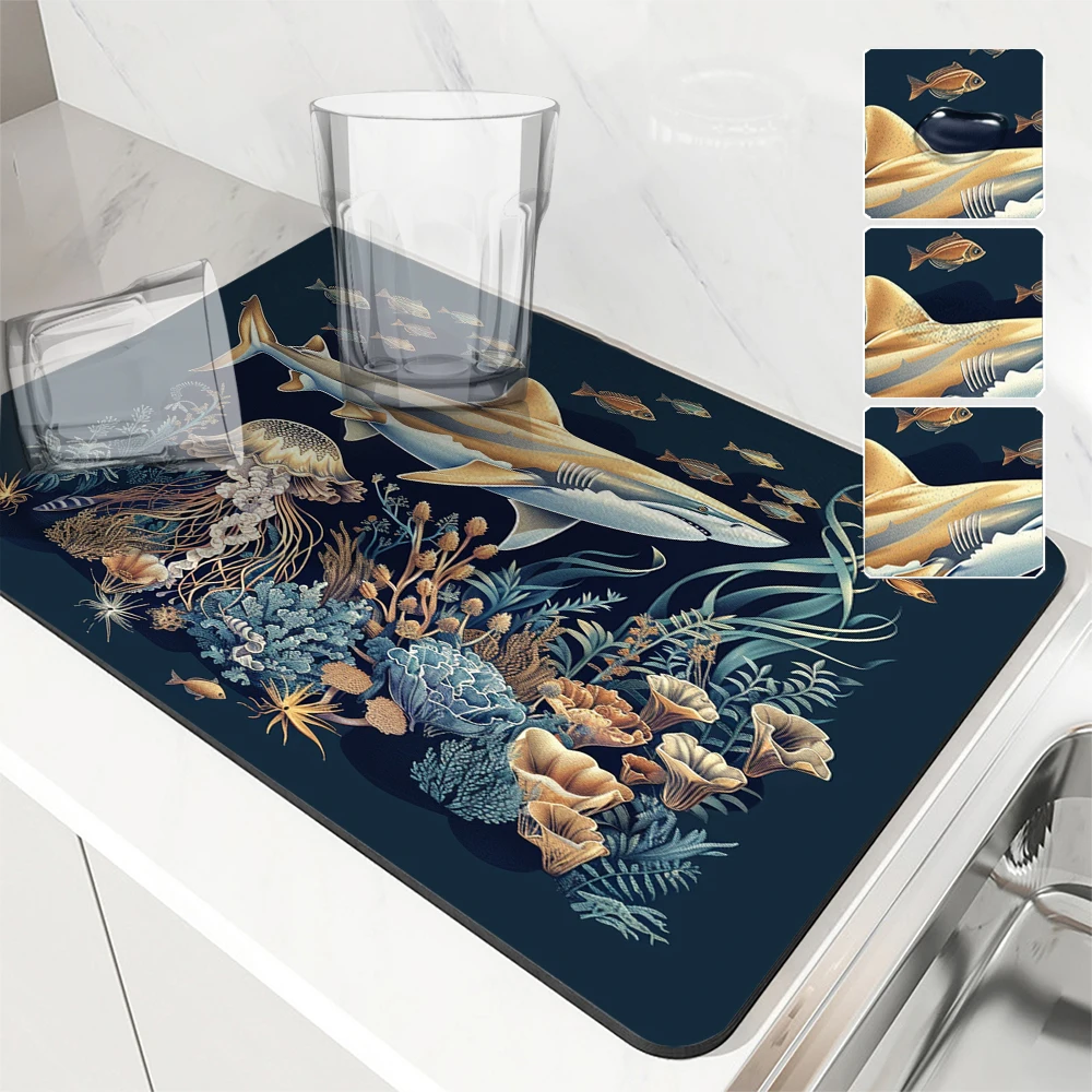 Absorbent Mat Marine Animals Shark Jellyfish Seaweed Kitchen Antiskid Drying Mat Quick Dry Bathroom Drain Pad Tableware Mat