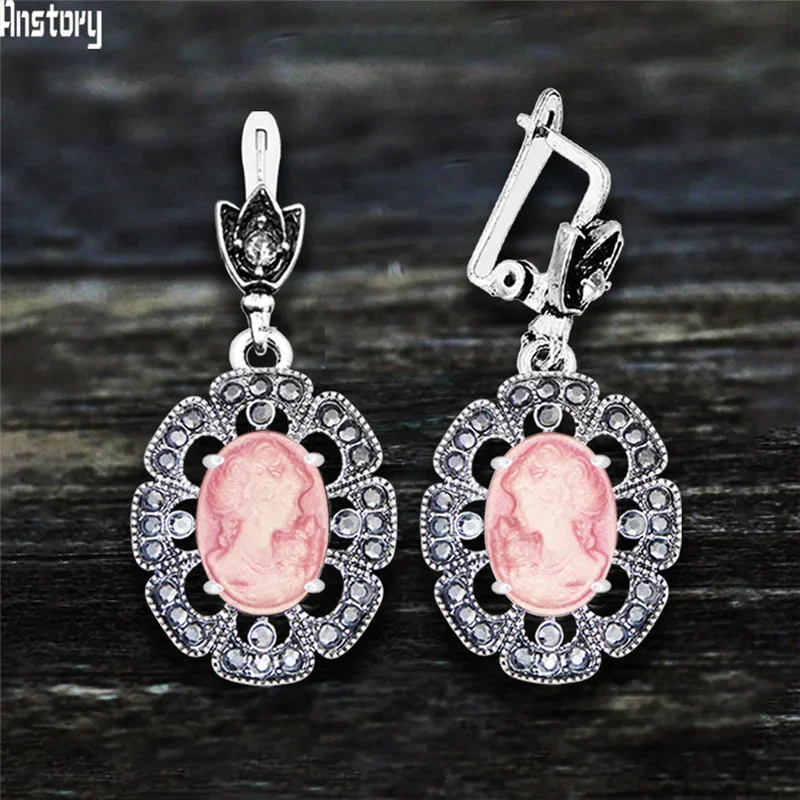 Plumflower Pendant Lady Queen Cameo Earrings For Women Antqiue Silver Plated Rhinestone Fashion Cameo Earring