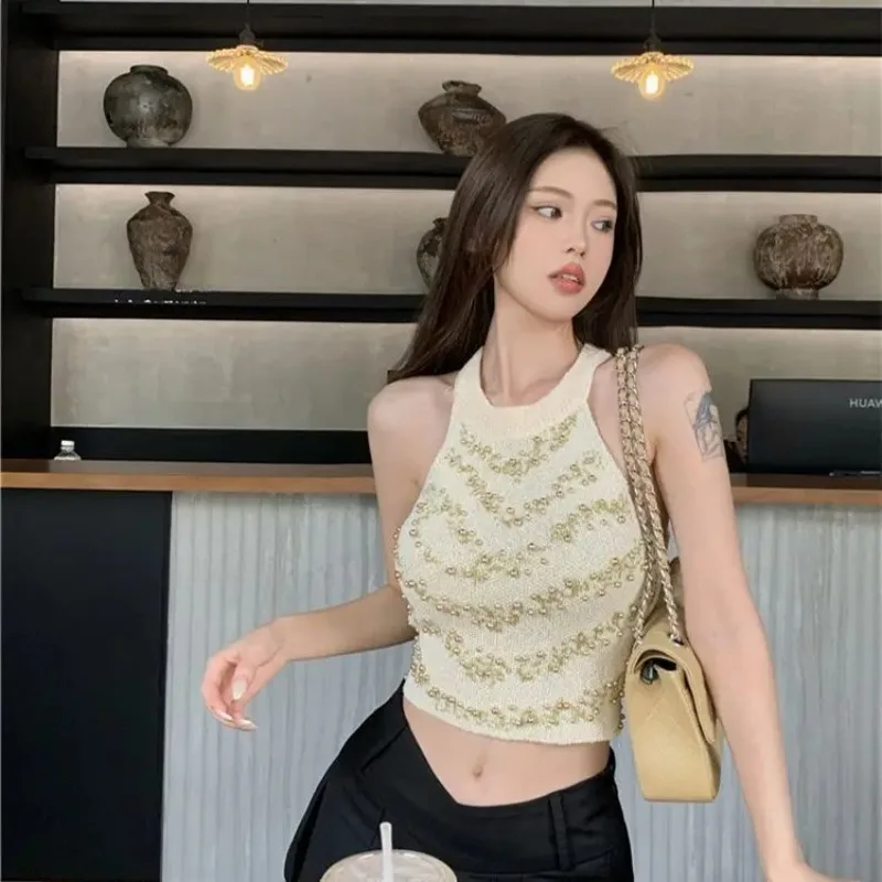 French Beaded Halter Neck Crop Top Women Summer New Knitted Short Sleeveless Vest Niche Going Out Hot Girl
