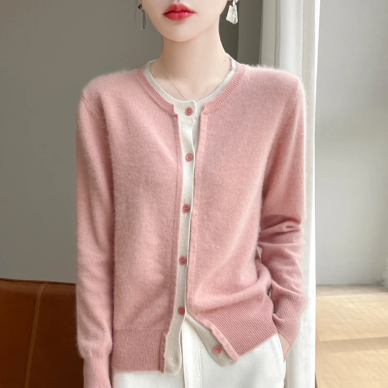 Autumn and winter new 100% merino wool women's coat round neck knit cardigan fashion fake two women's long-sleeved tops