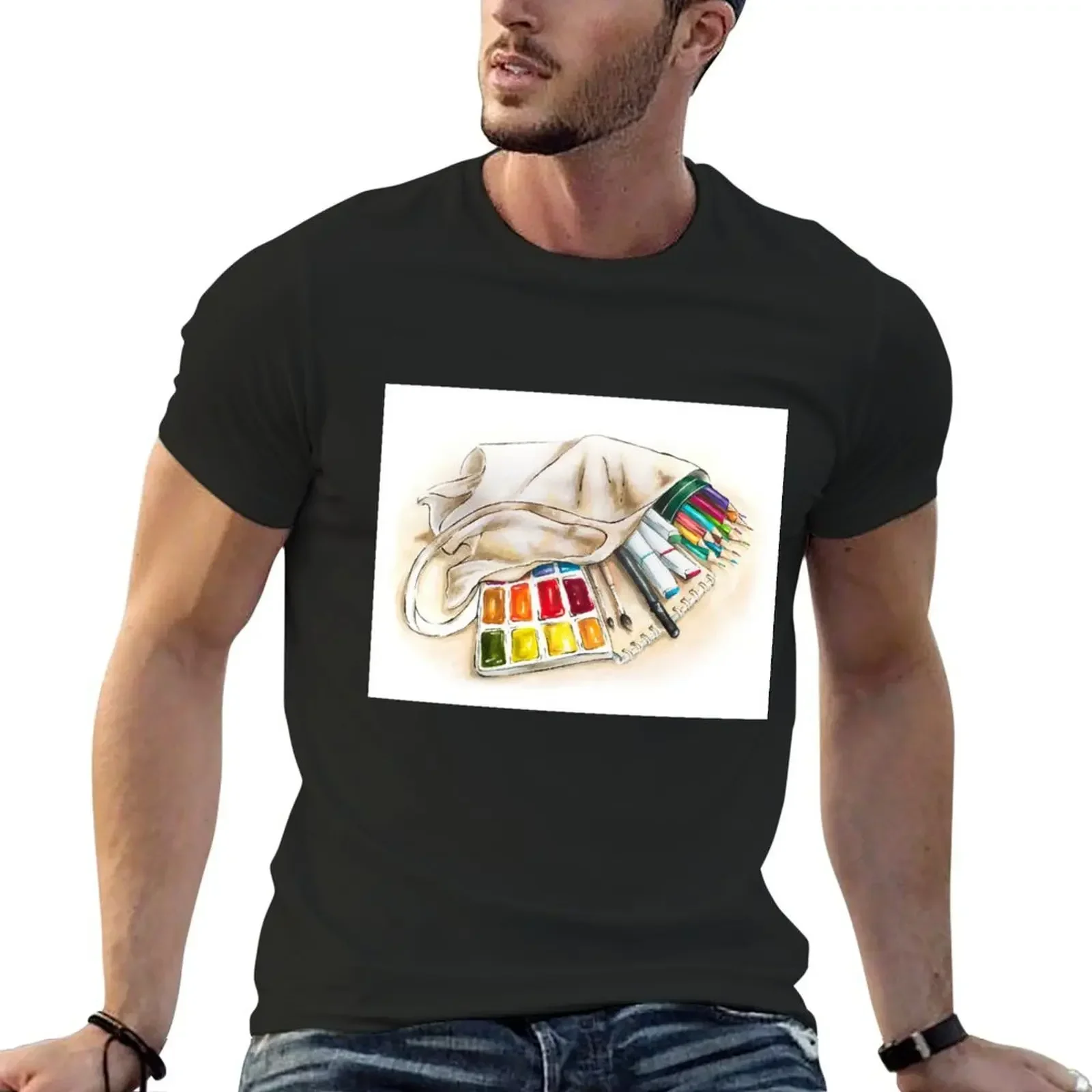 Art shop purchases, artist materials: paint, pencils, brush in a shopping bag. T-Shirt graphic t shirts mens shirts graphic tee