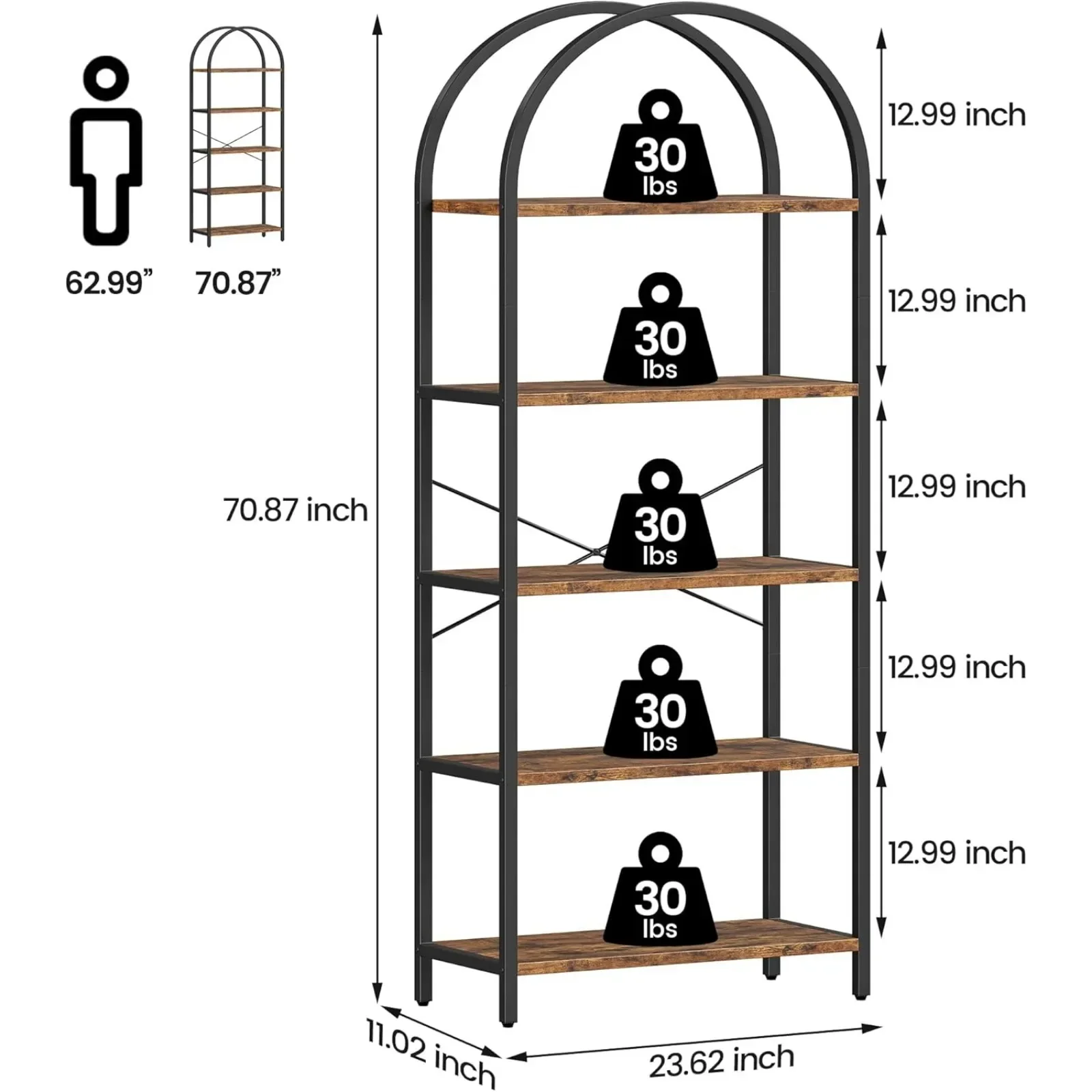 US  Bookshelf 5 Tier Bookcase Arched Display Racks Tall Standing Bookshelves Metal Frame Rustic Storage Rack Shelf book storage