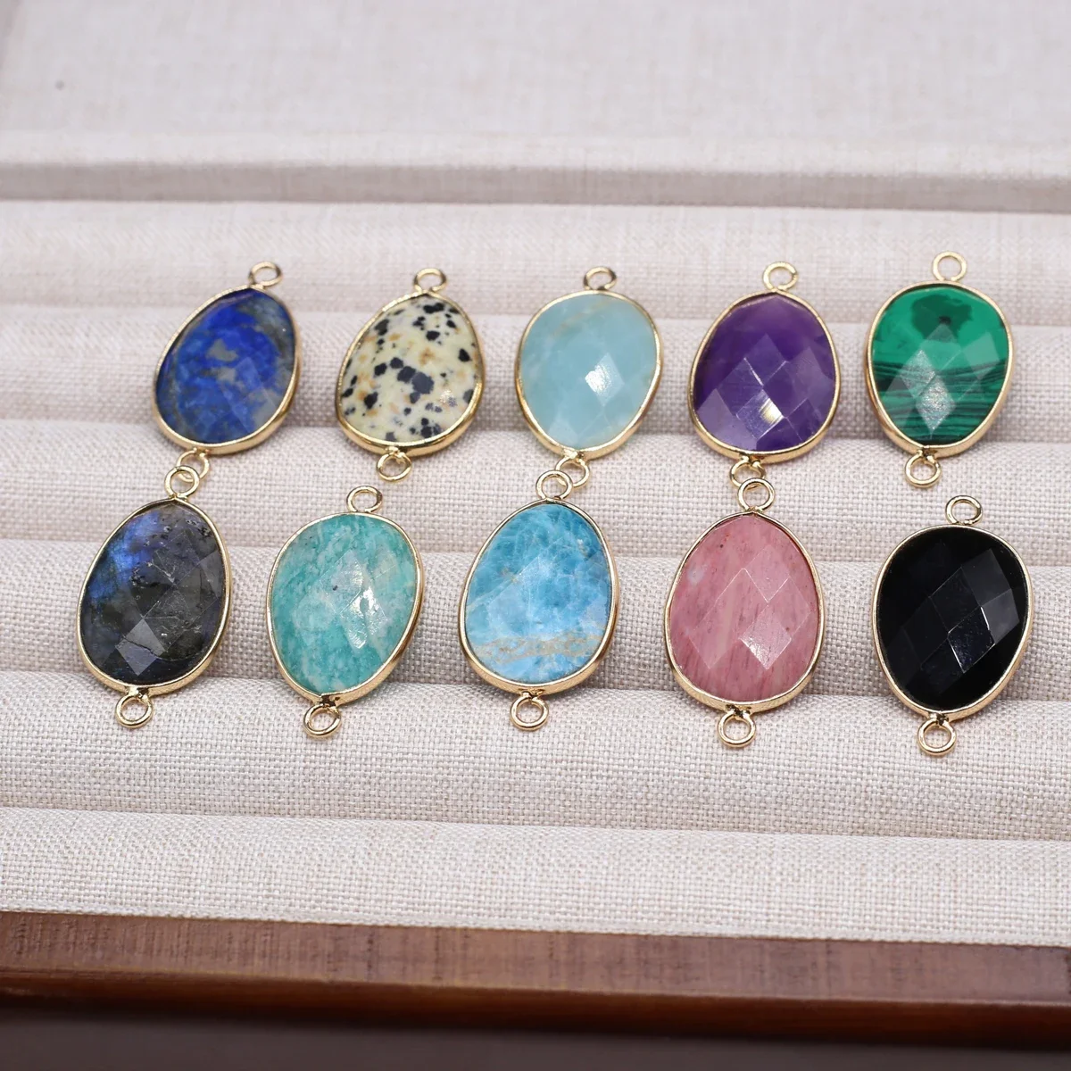 

16x20mm Natural Amethyst Pendant Connector Egg Shape Plating Golden Natural Black Agate Charms for Making DIY Jewelry Bracelet