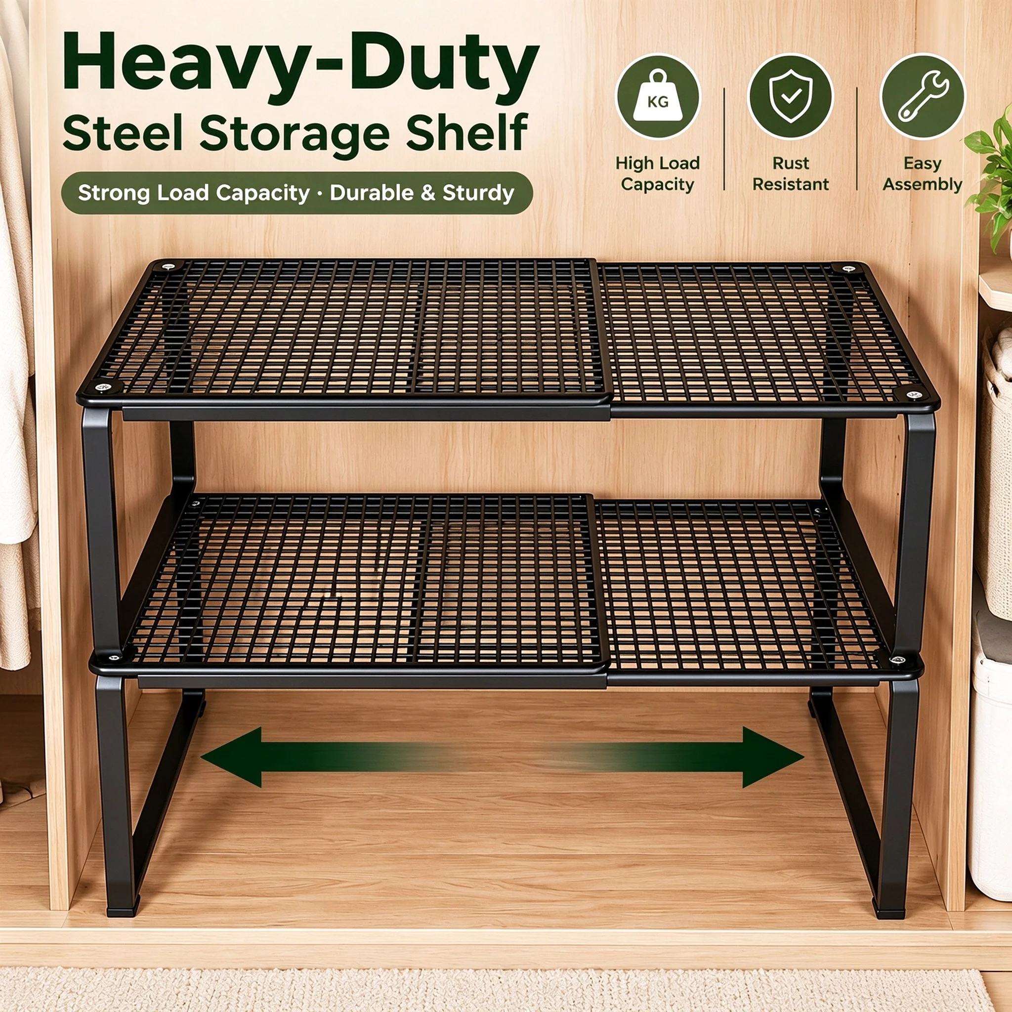 Heavy Duty Steel Closet Shelf Expandable Stackable Wardrobe Organizer Adjustable Storage Rack Rustproof Shelf for Cabinet Black