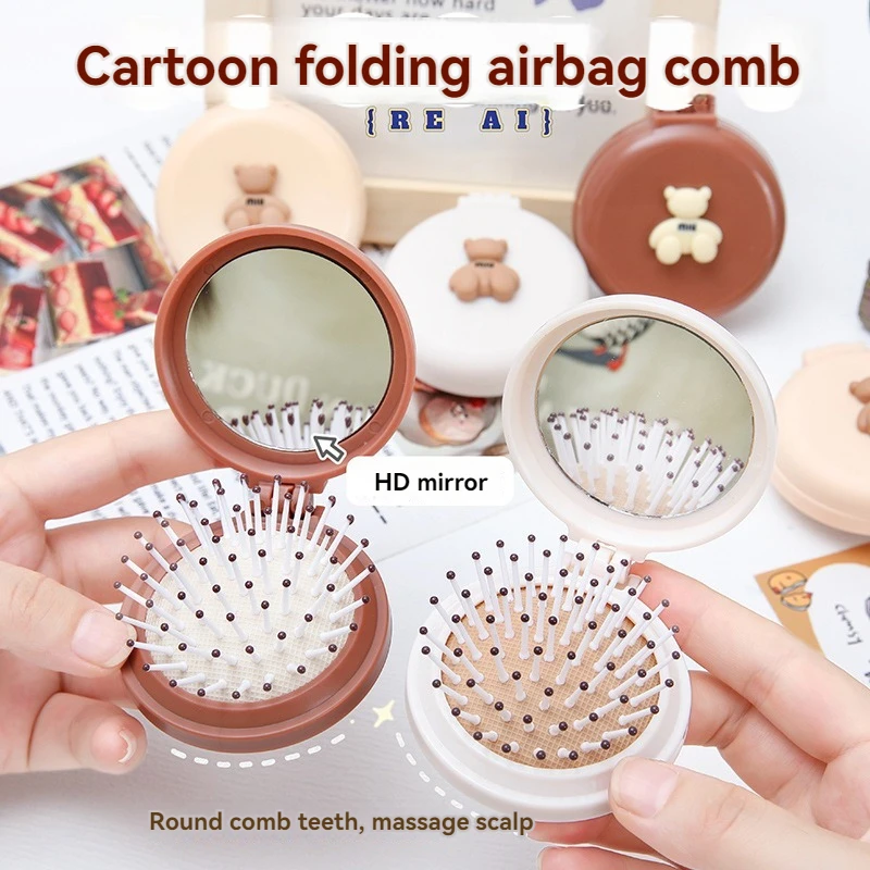 Cute Cartoon Little Bear Folding Comb For Little Girls Portable Mini Air Cushion Comb Massage Small Comb Mirror Integrated