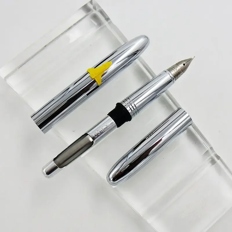 

2026 Silver Stainless Steel Aviation Short Fountain Pen F 0.5MM Hooded Nib, with Converter for Office Business Supplies Pens