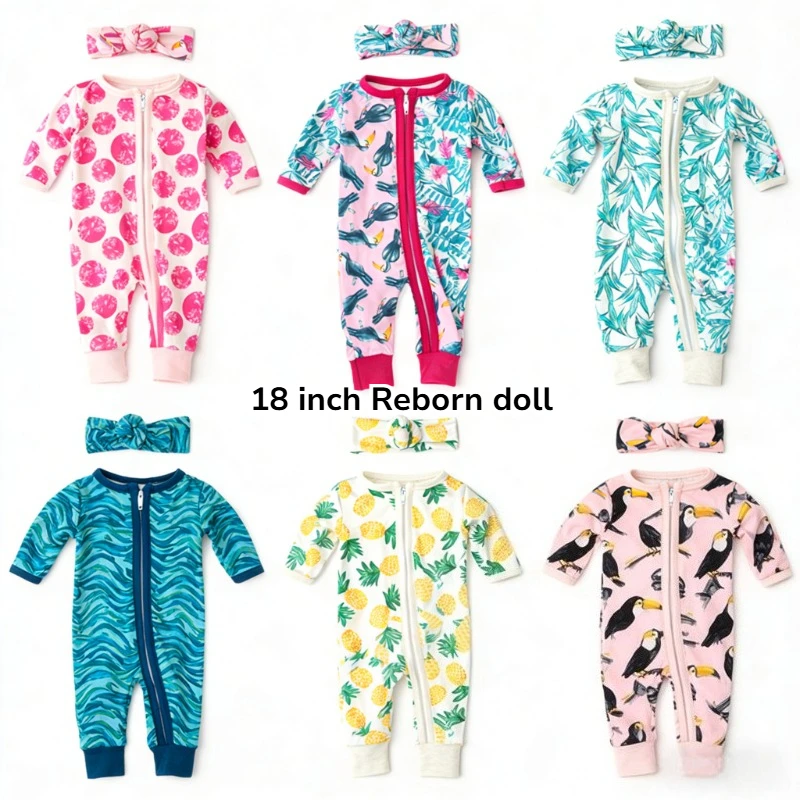 

18 Inch Reborn Doll Clothes Set Soft Floral Print Zip Romper Jumpsuit Headband Doll Clothing Outfits Accessories Toy Gifts
