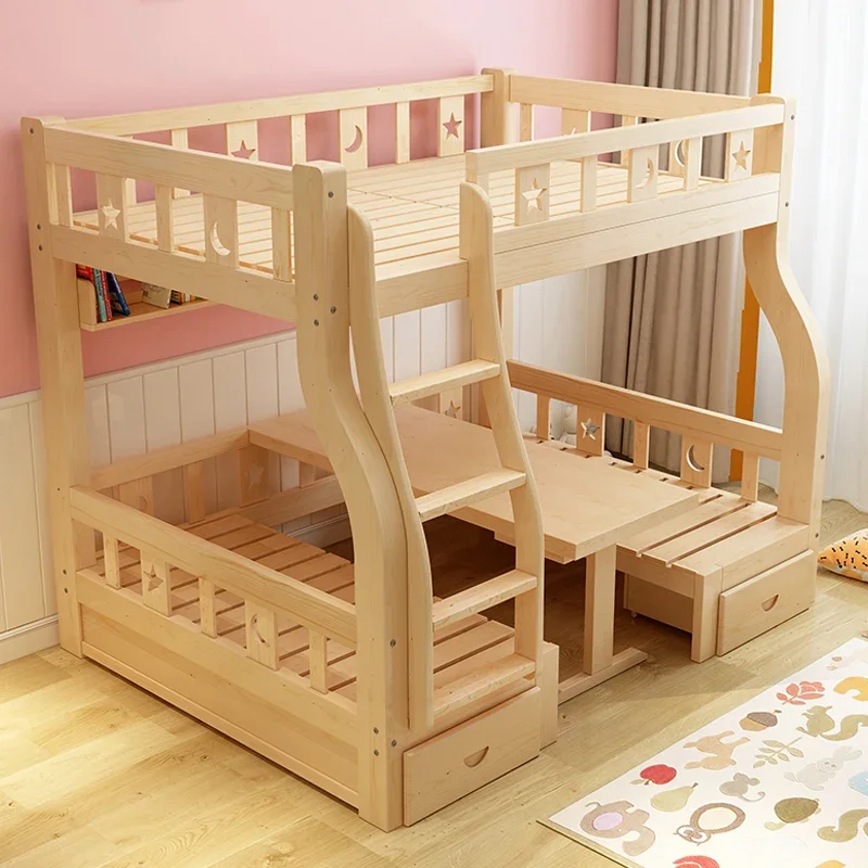 High Quality Indoor Bedroom Furniture Set Kids Wooden Double Bunk Bed for Children with Desk Drawer and Slide