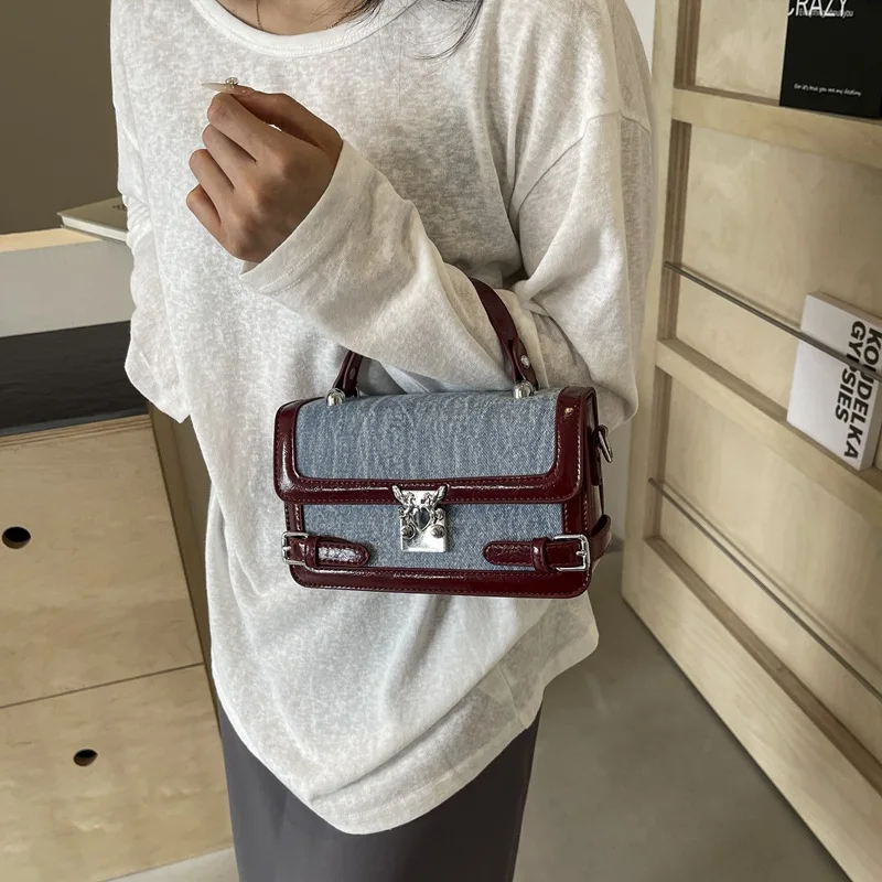 WBS 2024 Color Contrast Patchwork Portable Small Square Bag High Quality Fashion Box French Stylish Messenger Bag Denim Clutch