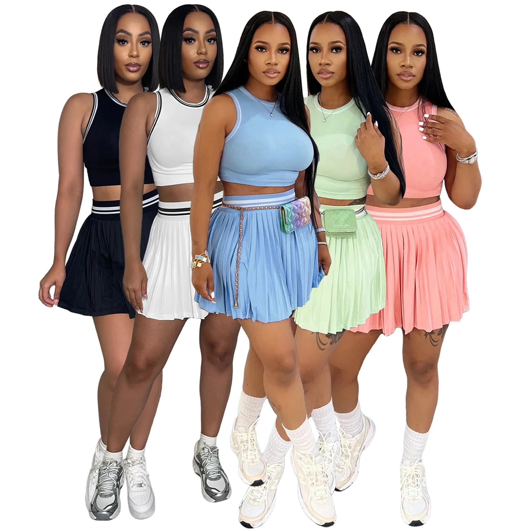 

Pleated Dress Knit Tops Two Piece Skirt Sets 2025 Summer Women Sexy Elegant Fashion Clothes Sexy Knitted 2 Piece Skirt Set