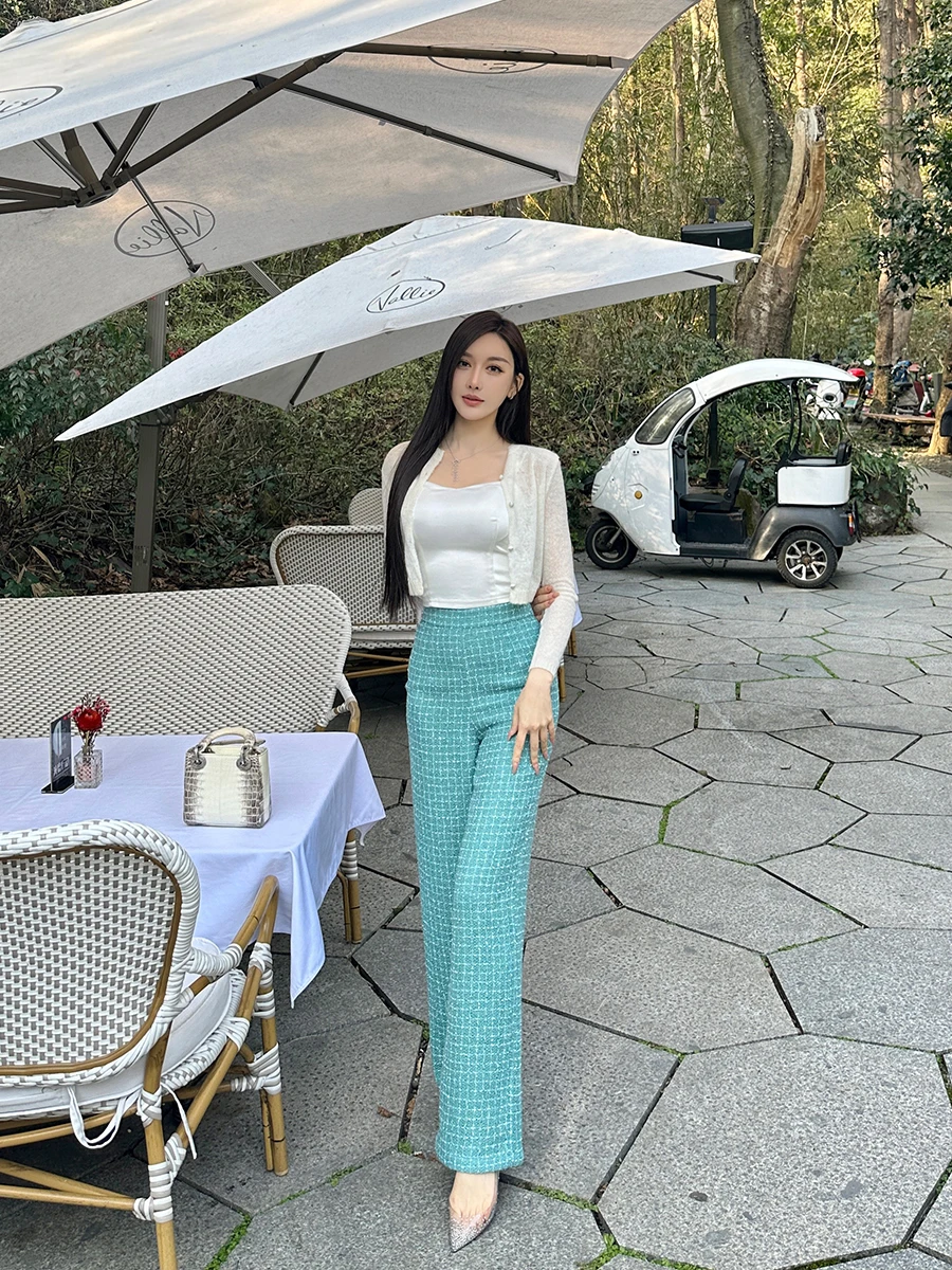 

High Waist Straight Leg Pants Women's Faionable Casual High Waist Slimming Taller SX Ele Peaco Blue Plaid Pants