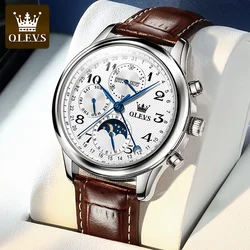 OLEVS Original Men's Automatic Wristwatch Moon Phase Calendar Waterproof Stainless Steel Leather Strap Mechanical Watch for Men