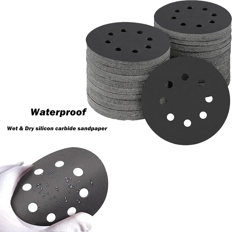 5 Inch Hook and Loop 8-Hole Wet/Dry Sandpaper 60-10000 Grit Silicon Carbide Orbital Sandpaper for Wood, Car, Metal
