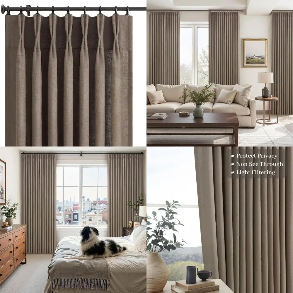 

Rustic Farmhouse Style 90 Linen Pleated Curtains with Hooks, Semi-Sheer, Dark Brown for Living Room & Bedroom