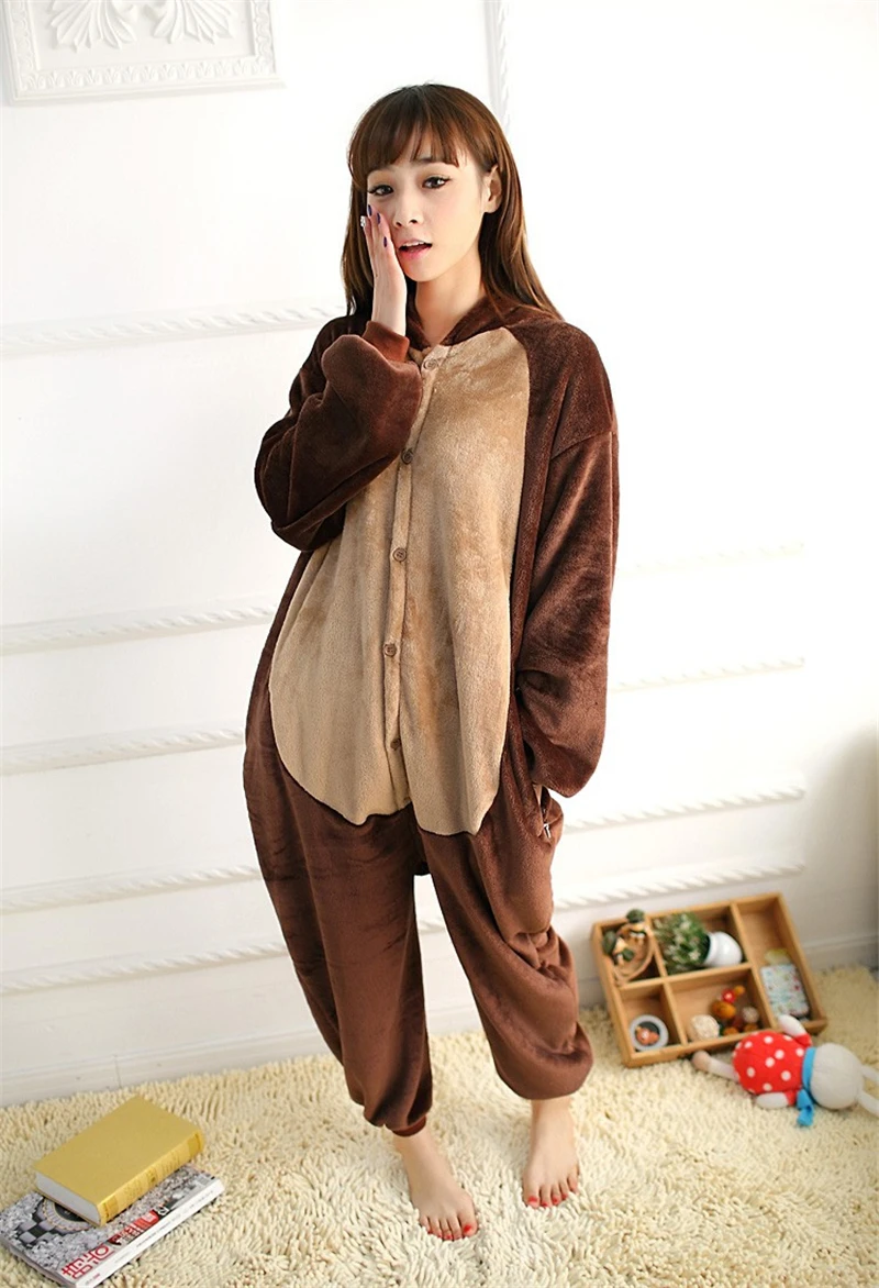 Animal Chipmunks Cosplay Costume Pyjamas Onesies Cartoon Hooded Pajama Jumpsuit Flaneel Woman Men Sleepwear Carnival Party Dress