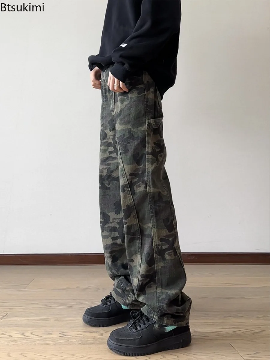 Vintage Camouflage Jeans New Men's Fashion Washed Loose Casual Wide Leg Denim Pants Spring Autumn Straight Baggy Trousers Male