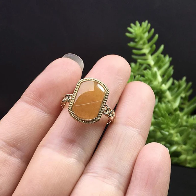 New in Vintage Glossy Natural Yellow Chalcedony Rings for Women Classics Edge Chains Square Ring Party Banquet Jewelry