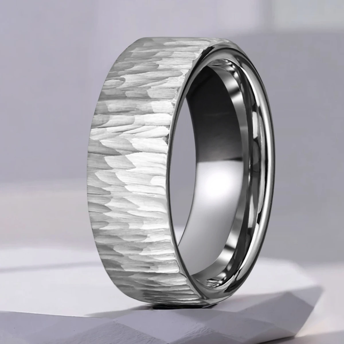 

Tungsten Carbide Rings for Men and Women 8mm Silvery Hammered Bark Texture couples Wedding Band Suitable for Party Anniversary