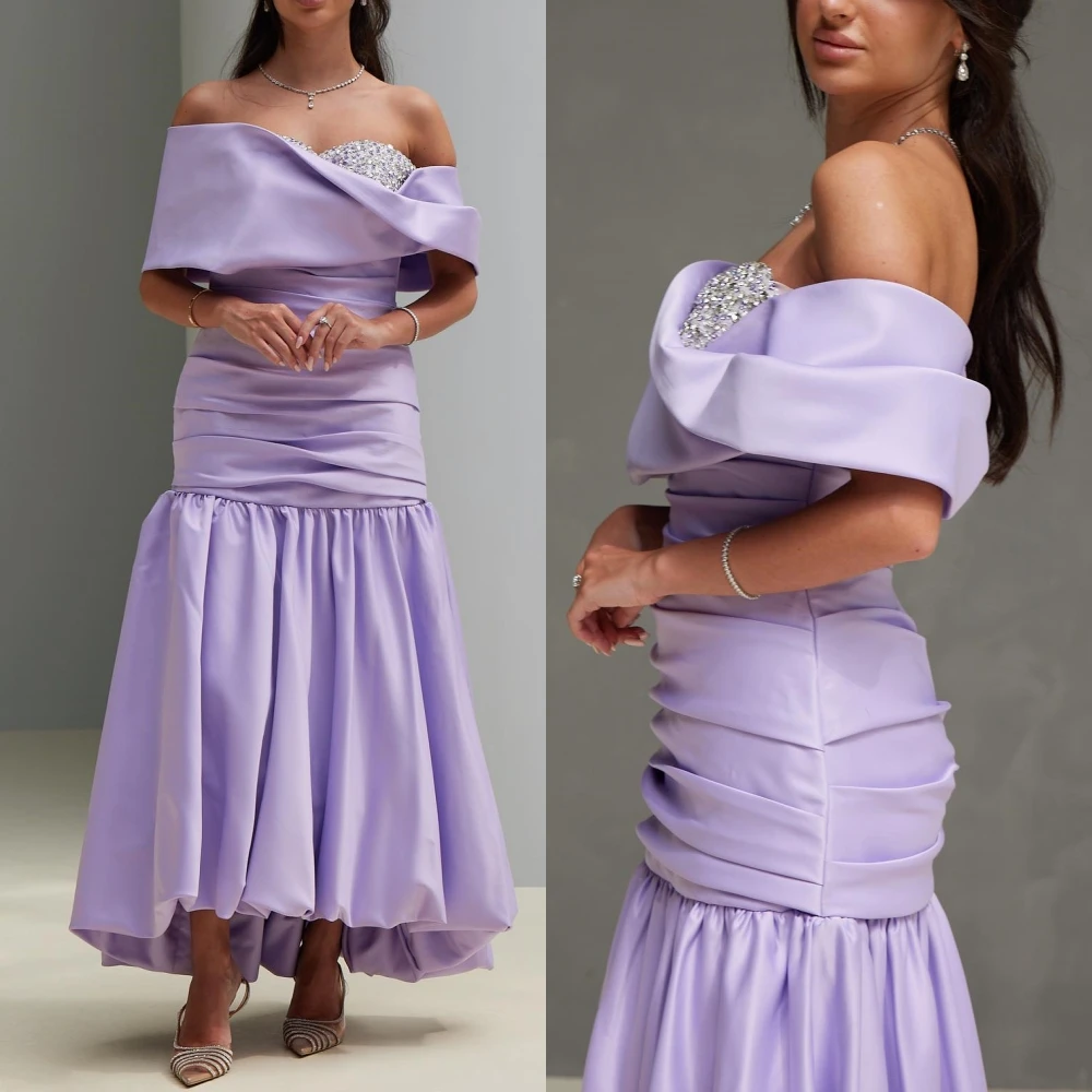 

Evening Satin Draped Beading Celebrity A-line Off-the-shoulder Bespoke Occasion Gown Midi Dresses Saudi Arabia