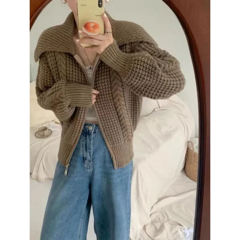 女性秋冬ジッパーセーターカーディガンレディシックカジュアル固体ニットコート毎日シンプルなジョーカー固体トップスニット女性