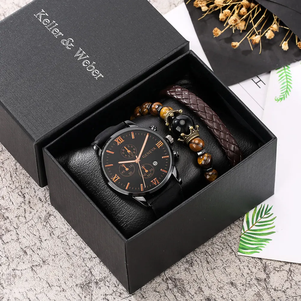 

Personality Men Watch Bracelet Set Men's Black Quartz Watches for Man Leather Strap Pin Buckle Brown Bracelet Best Gift for Male