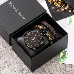 Personality Men Watch Bracelet Set Men's Black Quartz Watches for Man Leather Strap Pin Buckle Brown Bracelet Best Gift for Male