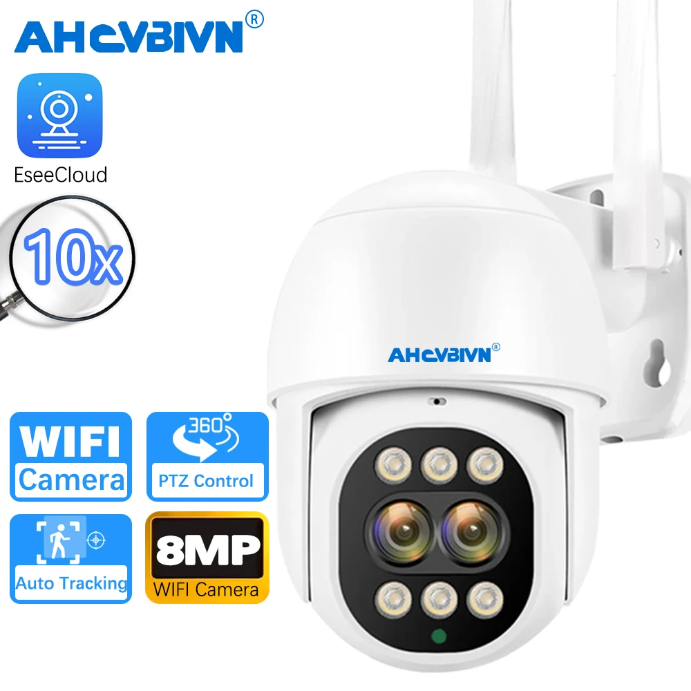 

8-мегапиксельная Wi-Fi камера, 4K, два объектива, 10-кратный PTZ-зум, IP-камера видеонаблюдения, автоматическое отслеживание 360 ° Камера видеонаблюдения, цветная камера ночного видения
