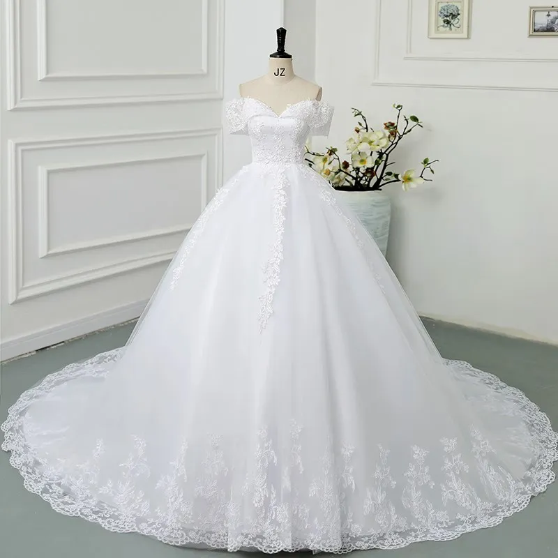 

New Off The Shoulder Lace Wedding Belt Applique Beading Bride Dress With Train Ball Gown Princess Classic Wedding Customized