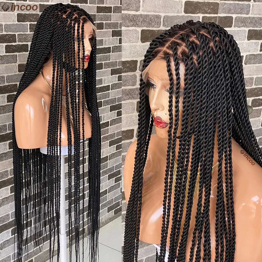طويل السنغالية تويست الضفائر كامل الدانتيل شعر مستعار مضفر للنساء السود Locs آلهة الاصطناعية Knotless صندوق الضفائر العاطفة تويست شعر مستعار