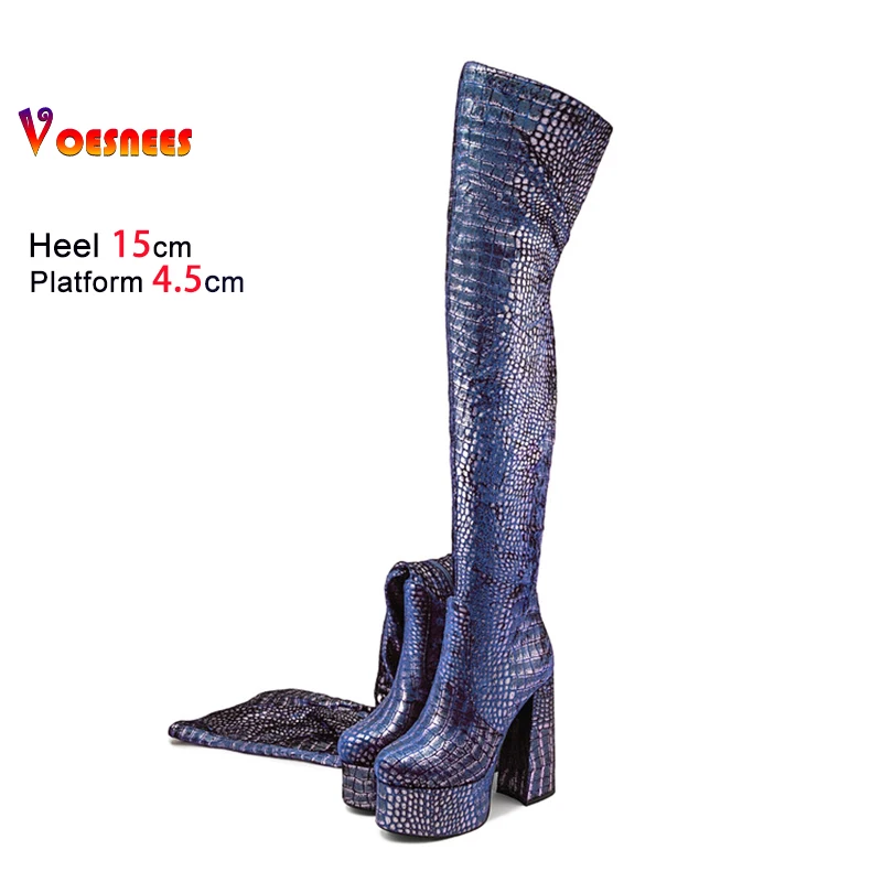 

Женские сапоги выше колена на платформе и массивном каблуке 15 см, обувь со змеиным узором, пикантные утягивающие эластичные сапоги до бедра для женщин