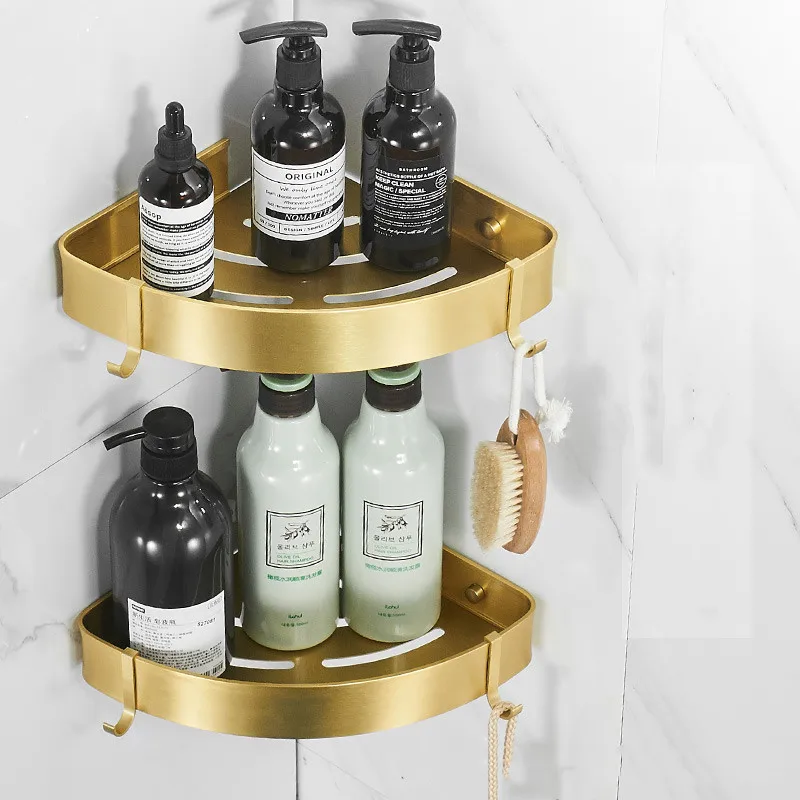 Brushed Gold Metal Bathroom Corner Shelf Wall Storage Rack Drilling Large Wall Shelf for Storage Single Or Double Lever Holder - view 2
