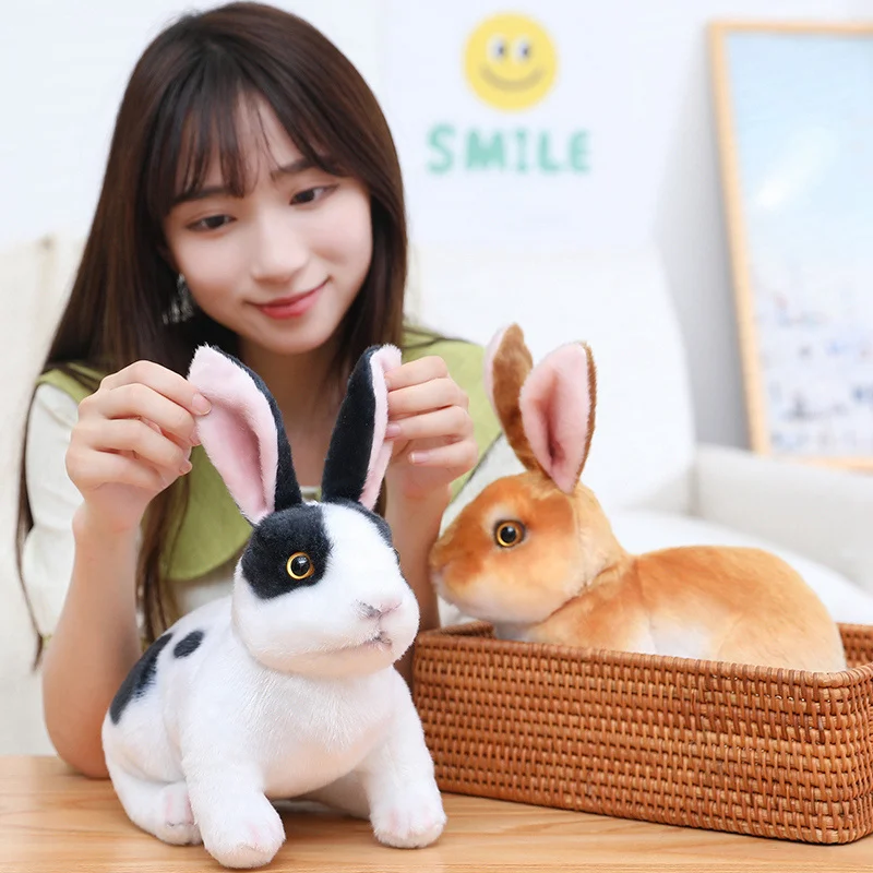 Realistic Kawaii Rabbits Plush Toy Simulation Animal Cute White Grey Bunny Doll Real Life Model Props Girls Kids Birthday Gift