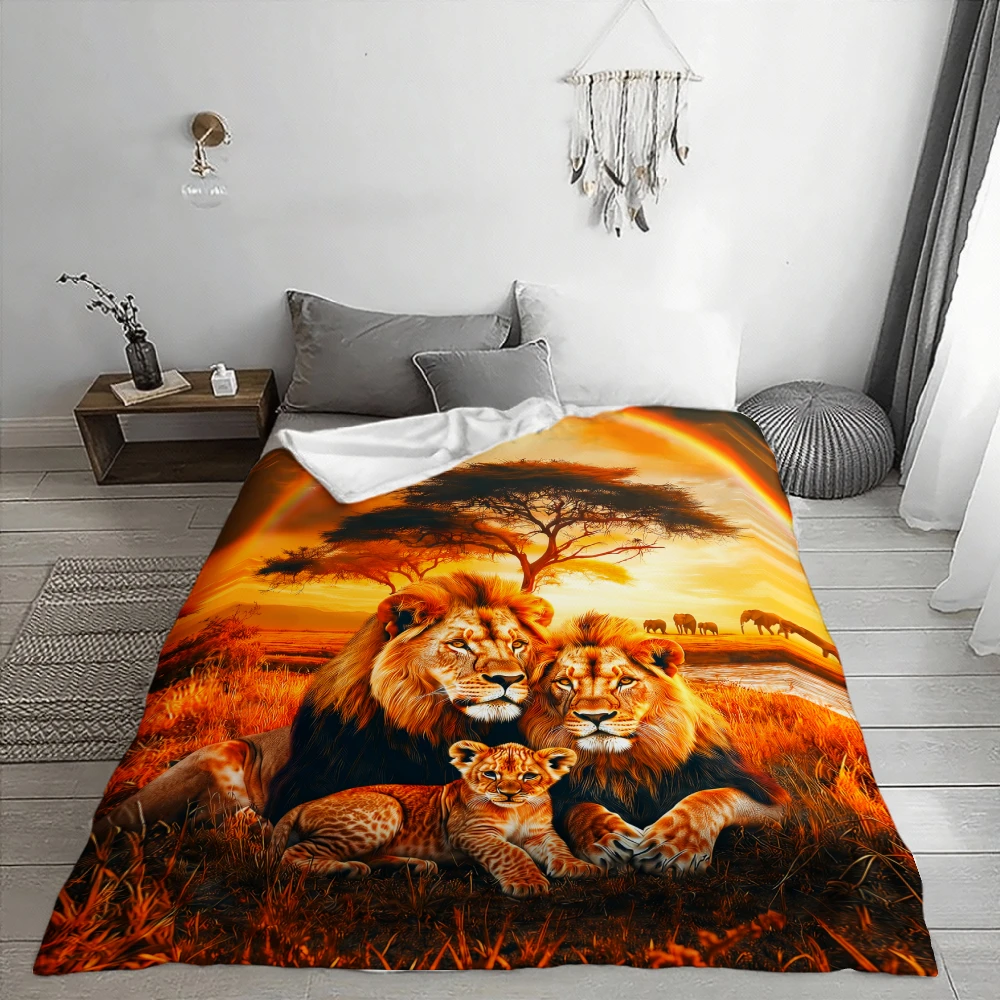 Dramatic Lion Safari Rainbow Wildlife Throw Blanket Mural Art Home Decor Decoration Jungle King Sleeper Gift