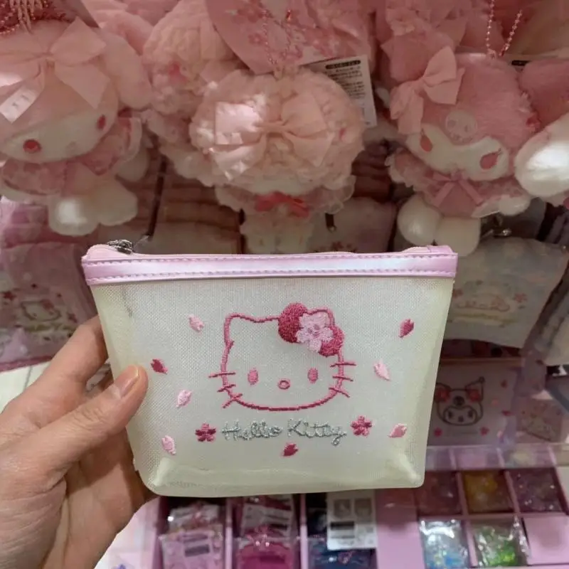 

Hello Kitty Pink Cherry Blossom Series Makeup Bag Zero Wallet Mesh Pvc Splicing Storage Small Bag Couple Gift Women Accessories