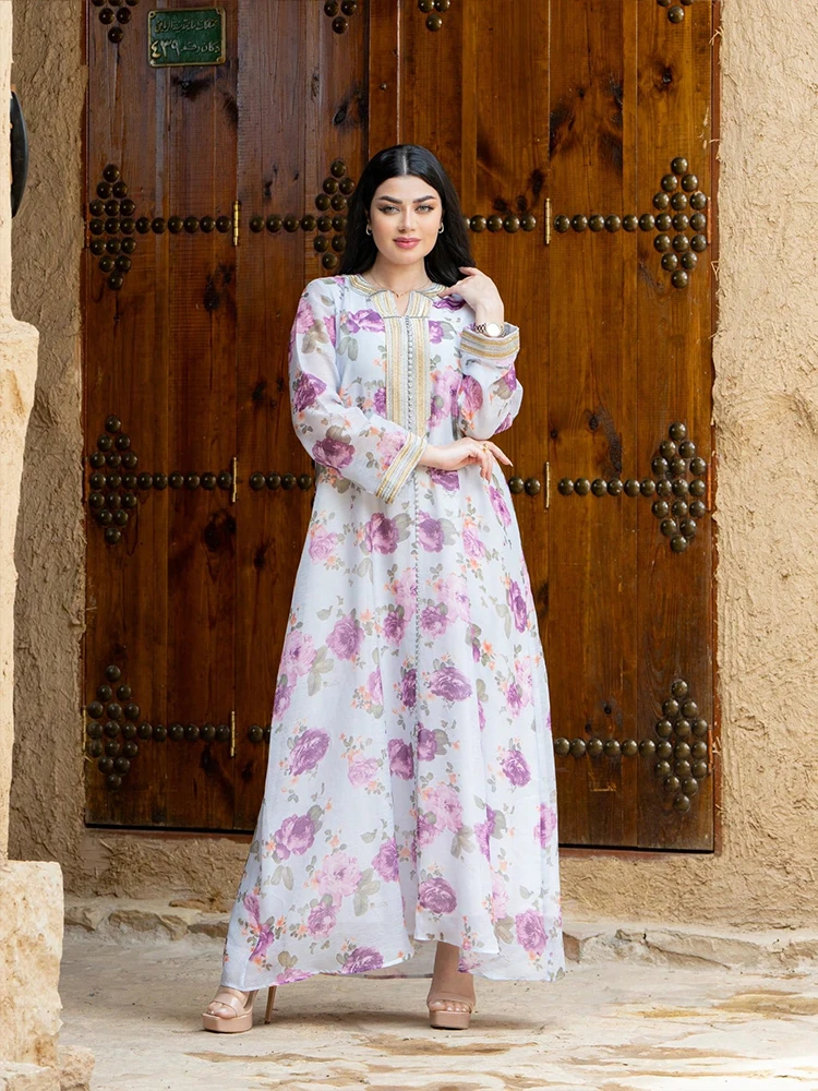 TOLEEN femmes robes au sol moyen-orient ample imprimé fleuri Robe pour femmes musulmanes à manches longues et Robe de soirée élégante