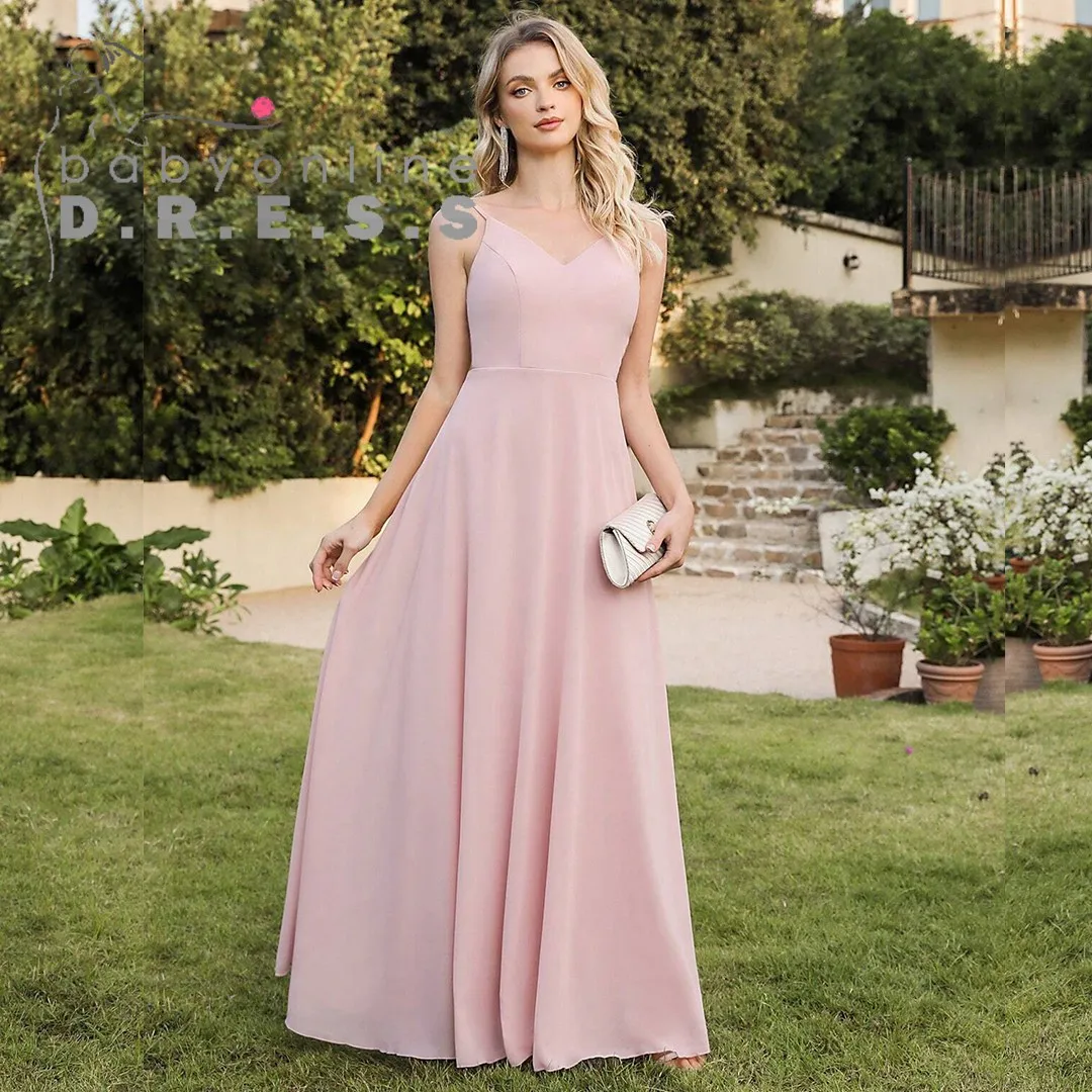 BABYONLINE D.R.E.S.S Sexy Spaghetti Straps Bridesmaid Dress V-Back hiffon Full A Line Maxi Skirt Prom Dresses Wedding Party Gown