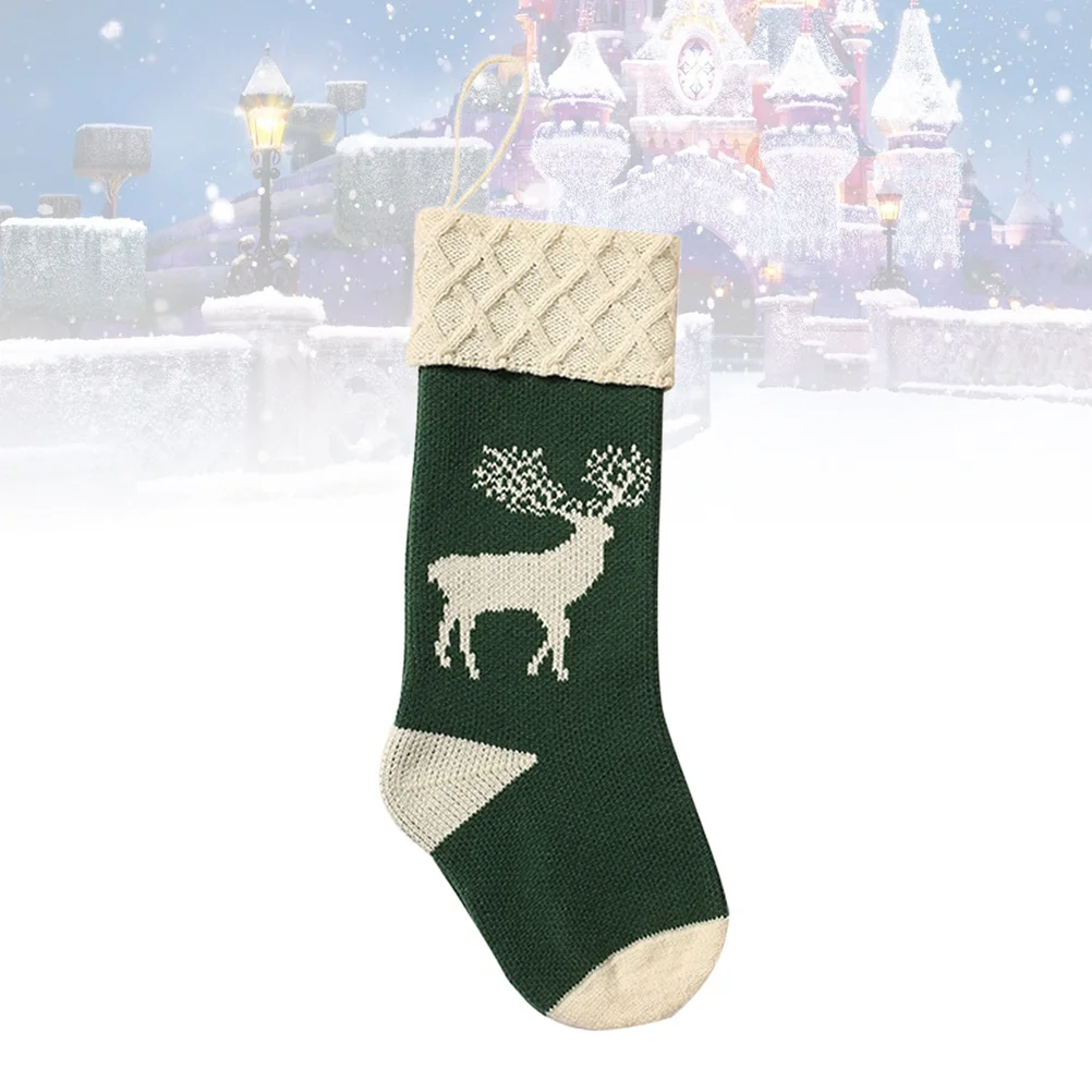 

1pc Christmas Stocking Gift Bag Knitted Elk Pattern Green Xmas Sock Candy Bag For Holiday Party Tree Hanging Decor